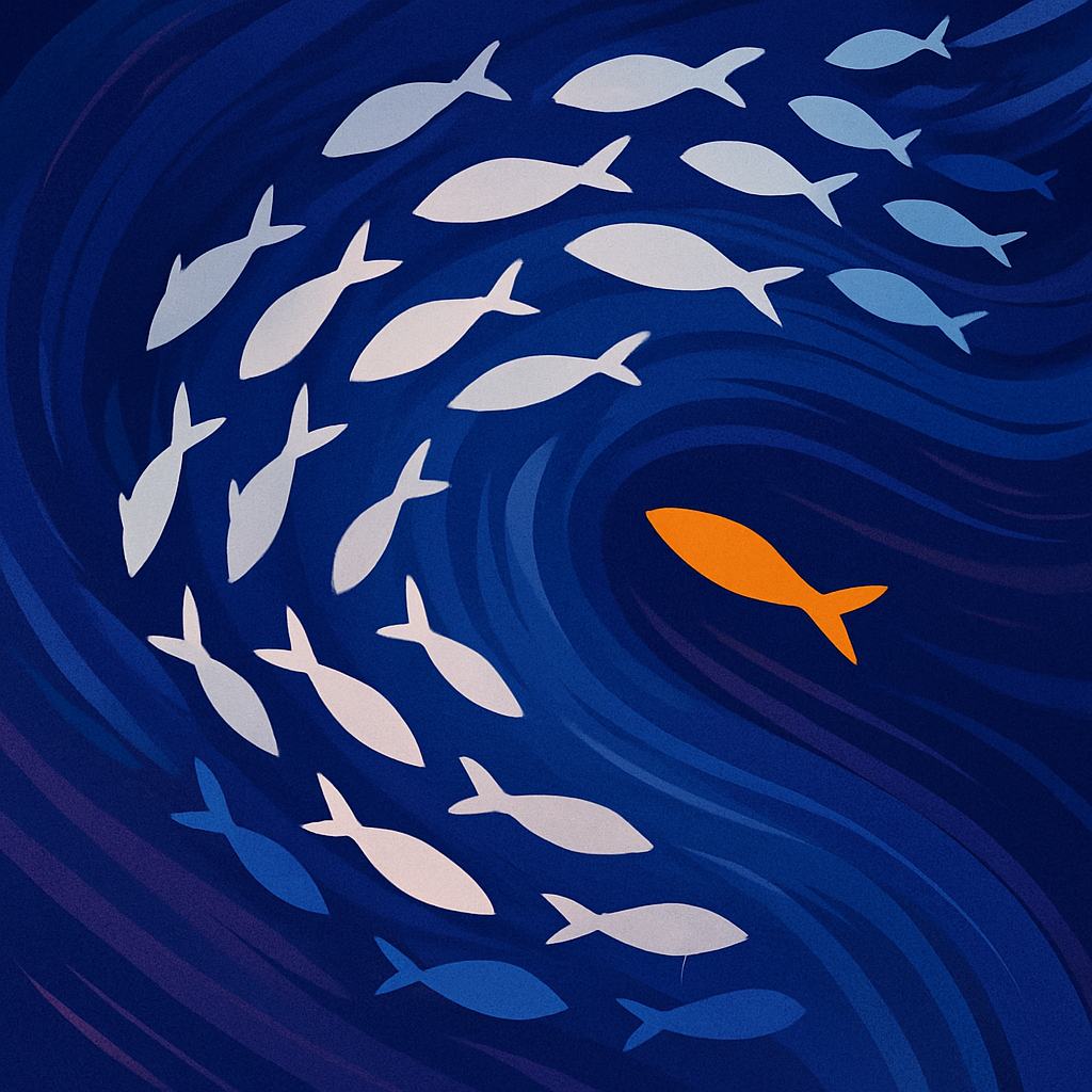 Arrows moving in one direction with one breaking away, symbolizing herd behavior in trading