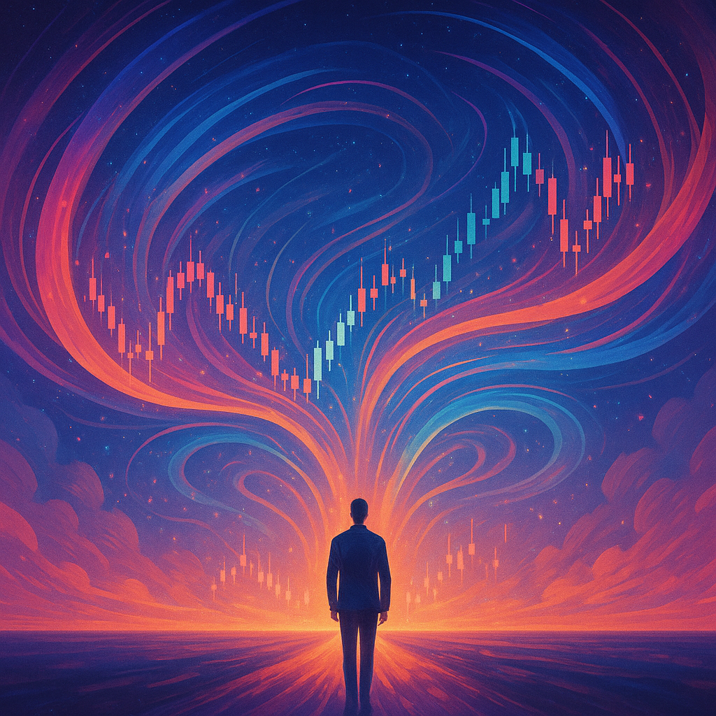 Tree growing from a trading journal with branches swirling into abstract shapes