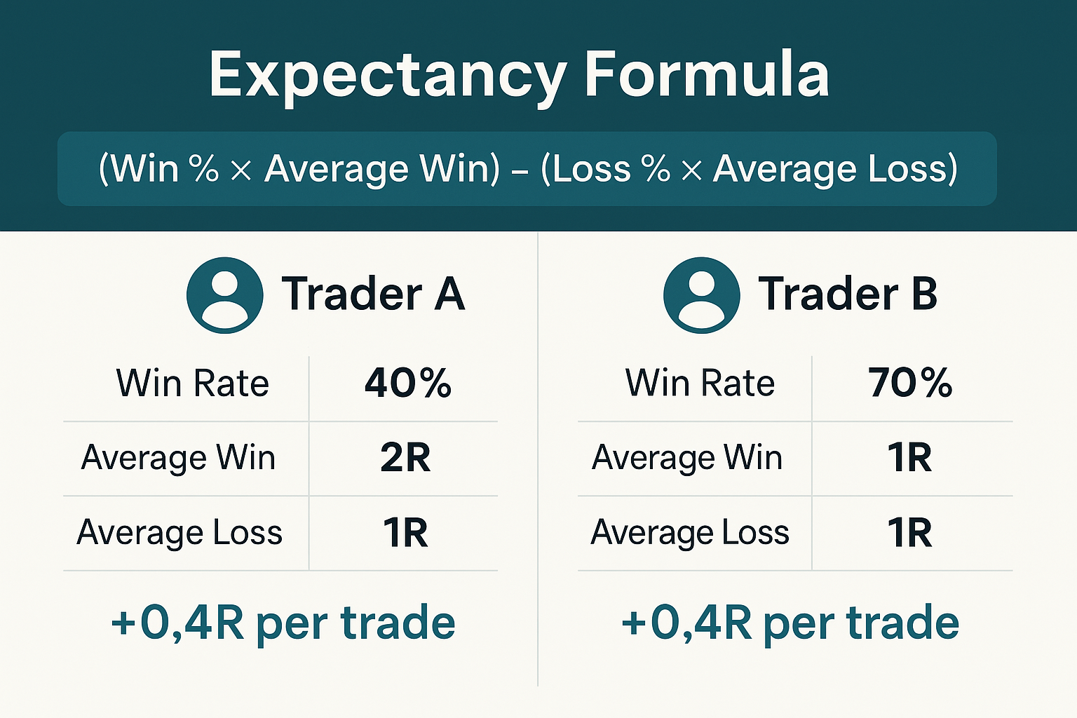 Infographic: Expectancy Formula visual – two traders with different win/loss profiles but equal expectancy