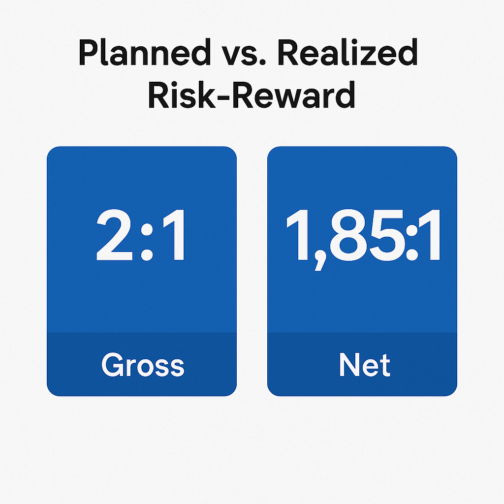 Infographic: Planned vs Realized Risk-Reward – 2:1 gross vs 1.85:1 net