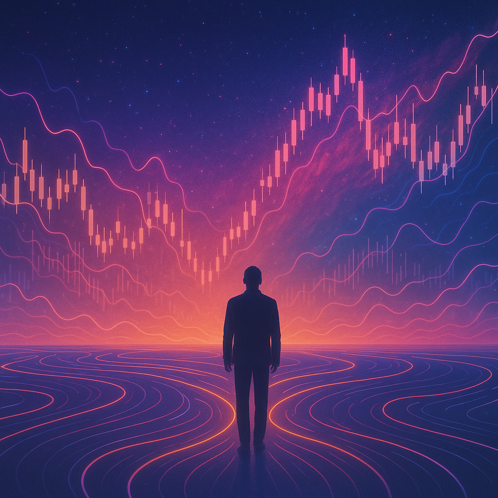 Wide cinematic panorama of a trader silhouette overlooking glowing market data lines and candlestick charts
